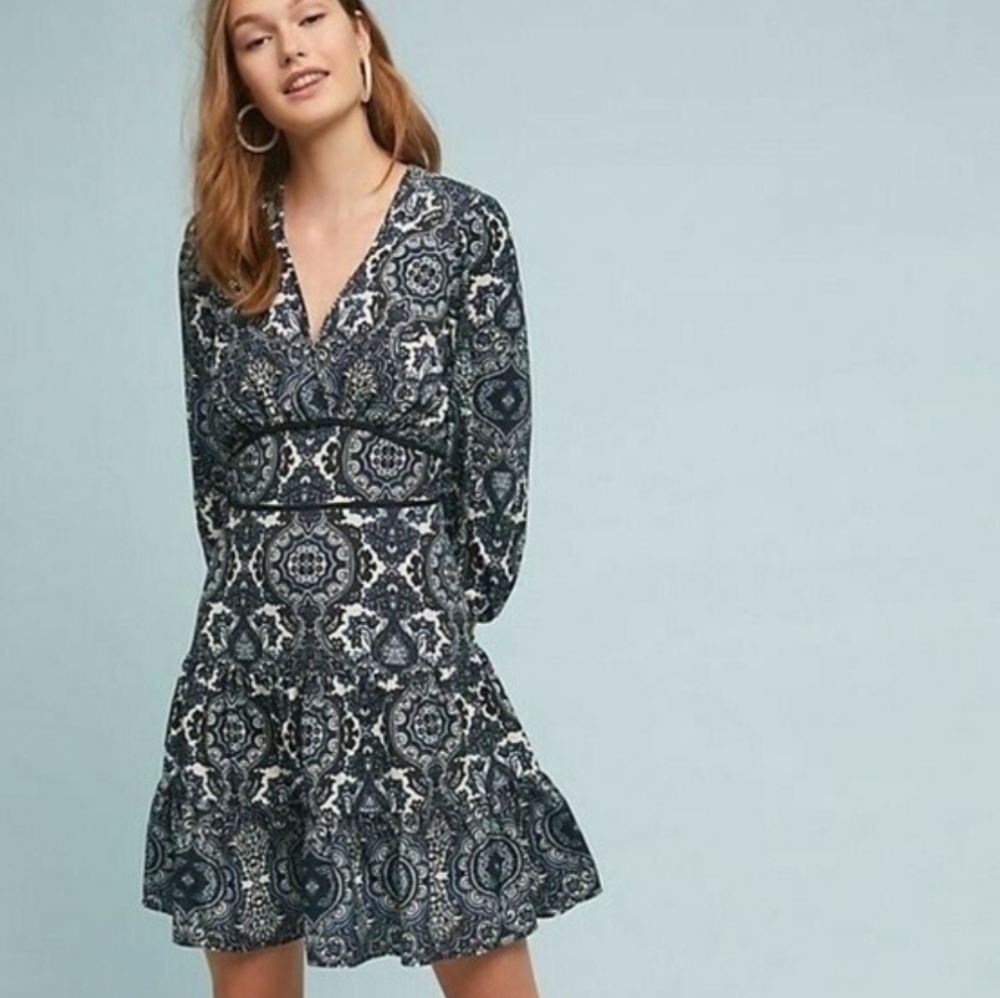 Shoshanna Emery Black and White Paisley Patterned Tierd Dress.